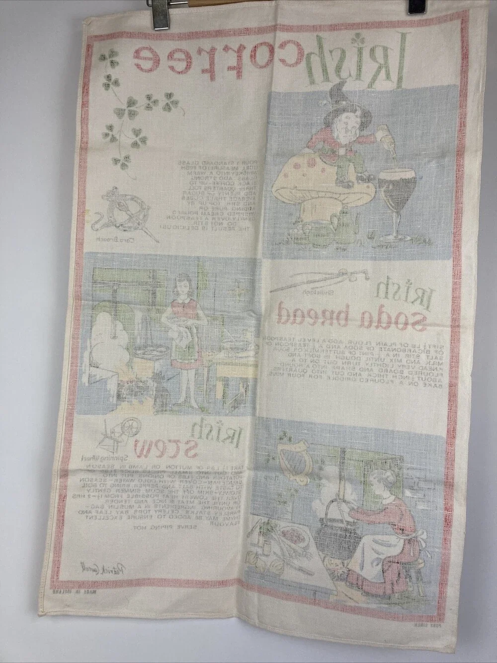VTG 100% Linen Irish Tea Towel - Coffee Recipes & Elf Soda Bread Design